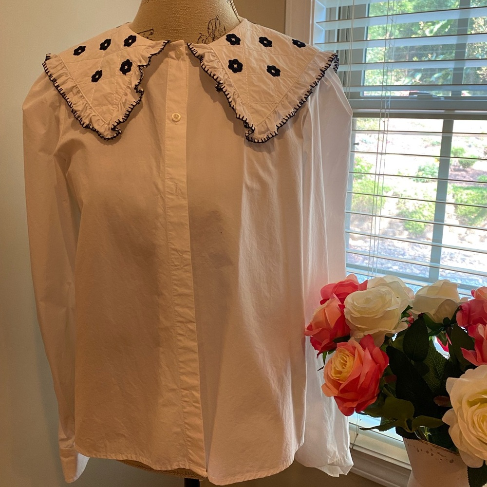Zara White Shirt with Black Embroidered Collar